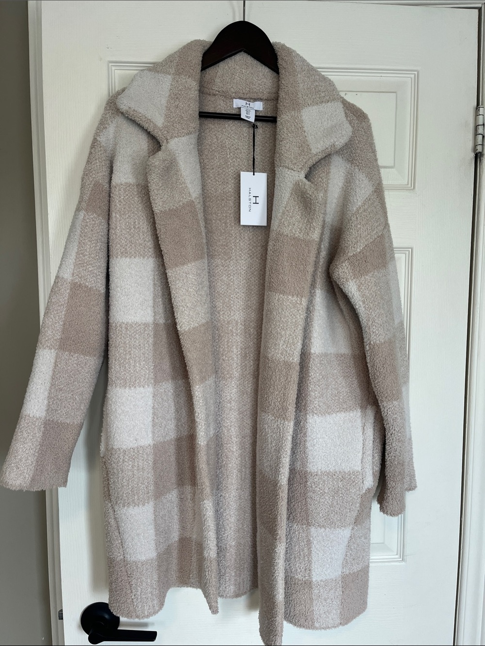 H by Halston Neutral Plaid Open Front Cardigan Coatigan